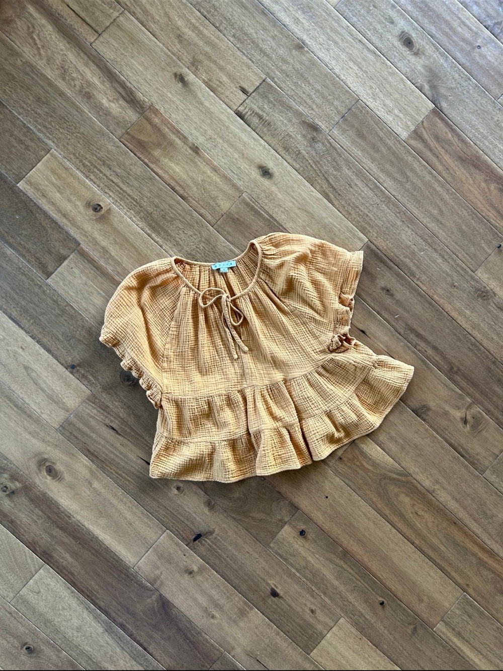 HYFVE Mustard Gauze Tiered Blouse Small 100% Cotton Boho Cottagecore